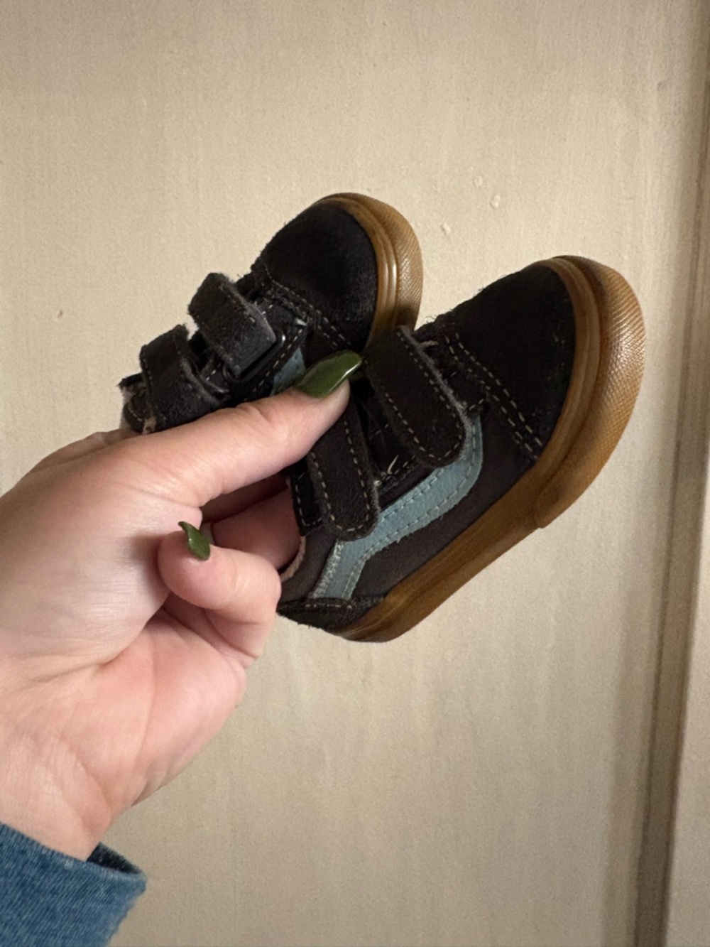 Vans Kids Black Sneakers with Blue Stripe and Brown Sole